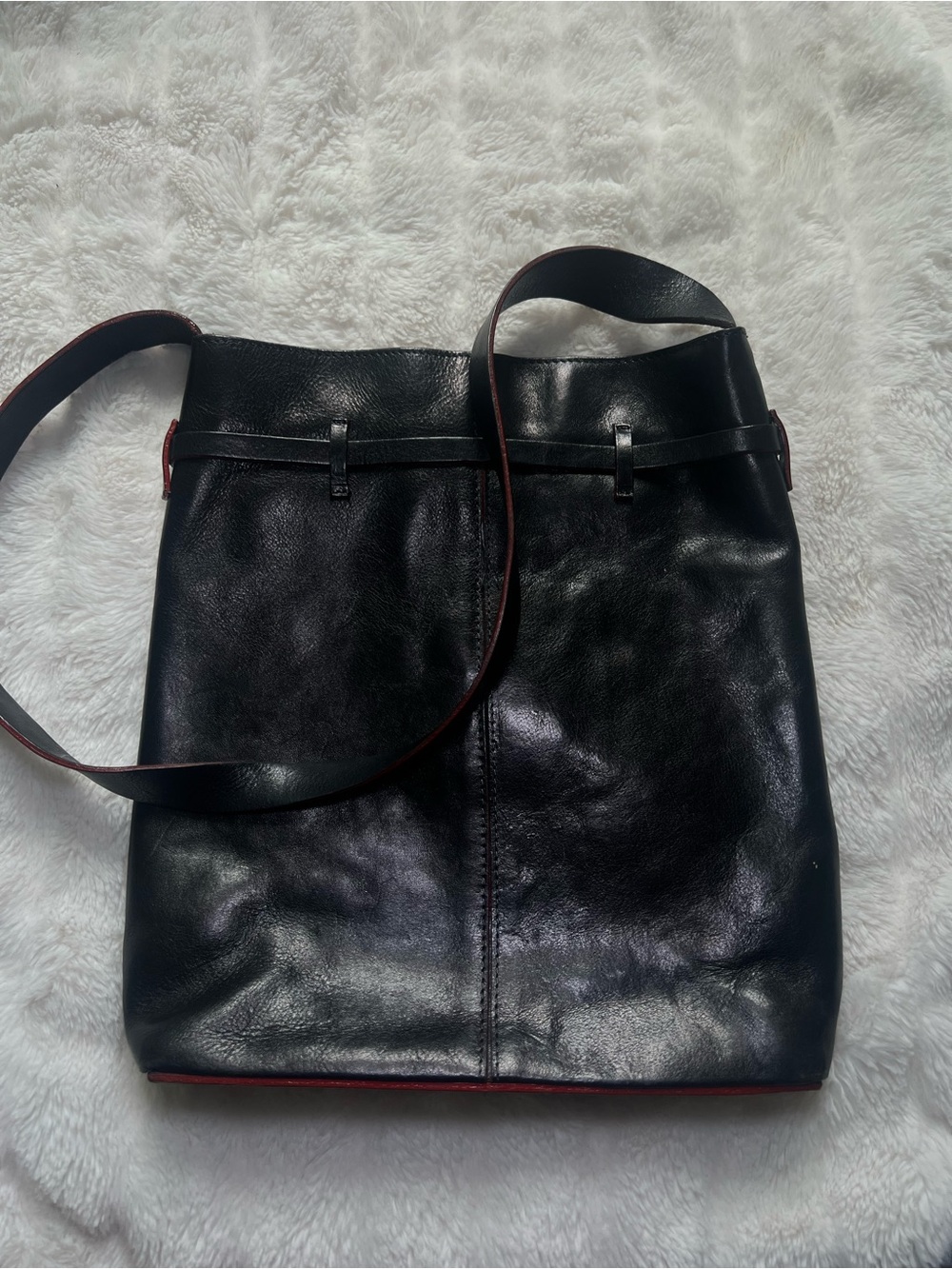 Francesco Biasia Black Leather Messenger Bag with Red Trim